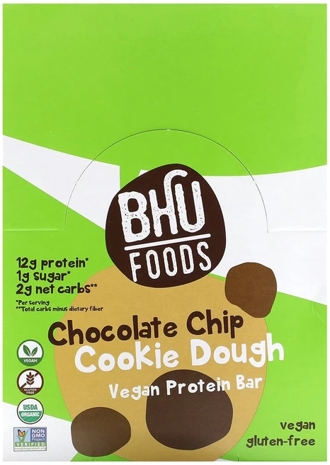 BHU Foods Vegan 프로틴바 초코칩 쿠키 도우 12 바 1.6 oz (45g) 각, 12정, 1개 - 쿠팡