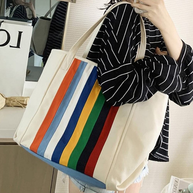에블 대박걸 화면조정 알록달록 스트라이프 포인트 쇼퍼백 지퍼달린 빅 숄더백 2color