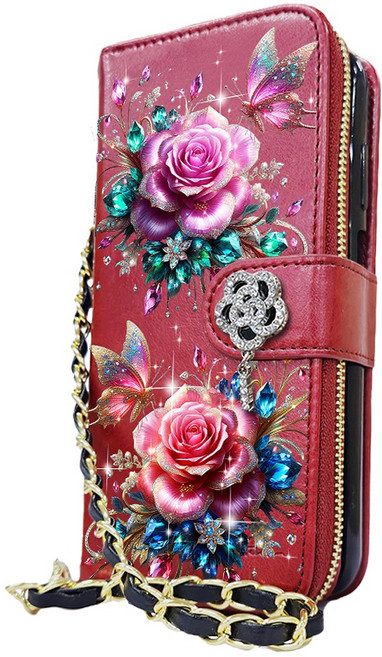유미폰 화려한 장미빛 유혹 30CM 체인 스트랩 AMT 꽃 외부지퍼 포켓 지갑형 수납형 다이어리 내구성 좋은 다이어리 핸드폰 케이스