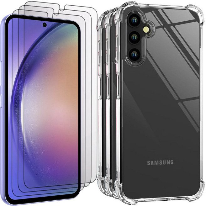 벌크온 갤럭시 퀀텀4 A54 강화유리 액정 보호 필름 + 투명 범퍼 케이스, 3세트