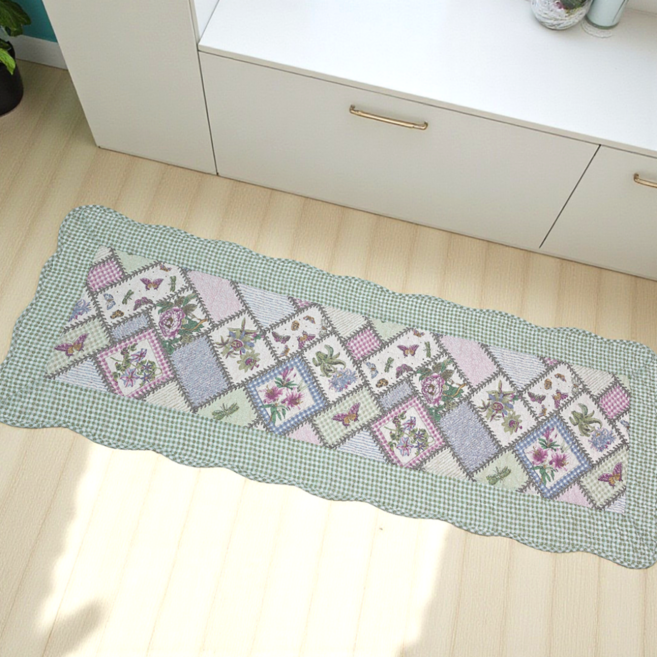 홈집합 면 발매트 부엌 순면100% 흡수력 세탁가능, 그린 체크 플라워