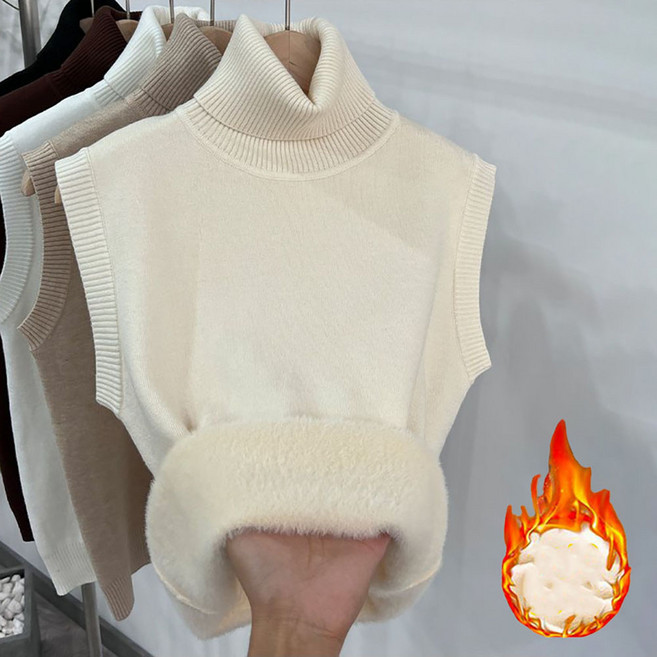 ROYALBELLE 여성 하이넥 기모 슬림핏 베이직 데일리 따뜻한 니트 나시 민소매 티셔츠 S0111720