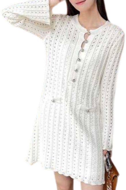 Makone 여성 솔리드 심플 트랜드 데일리 캐주얼 니트 펀칭 미니 원피스 데이트룩