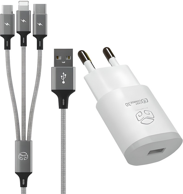 디지지 퀼컴 3.0 고속 충전 아답터 USB 1포트 18W + 3 IN 1 스카이 메타 멀티케이블 120cm, 화이트, 1개