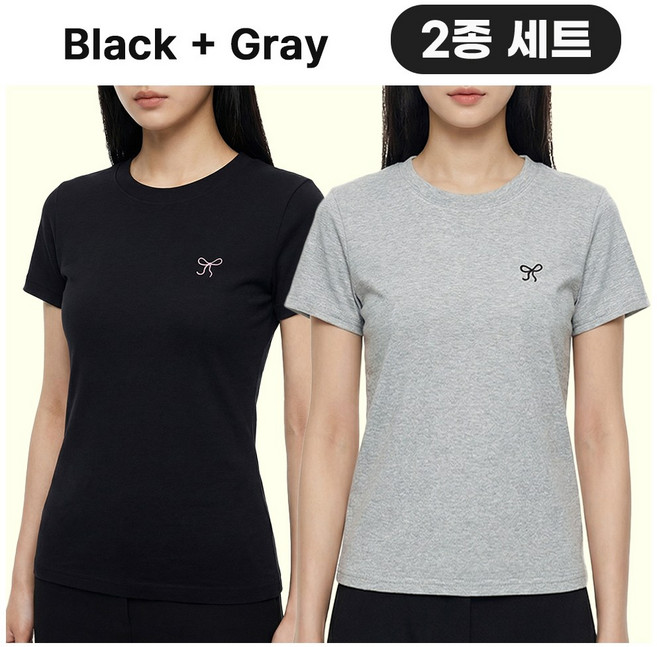 엘바리스 여성 리본 자수 포인트 쫀쫀 스판 슬림핏 반팔 티셔츠 2종 세트