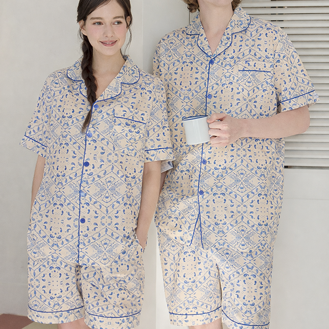 남여공용 유럽풍 빈티지 패턴 반소매 파자마 잠옷 세트