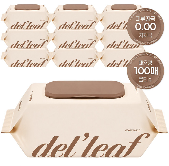 물티슈 100매 10팩 도톰한 물티슈 구매1위 deLLeaf 베이지 무드, 10개, 300g