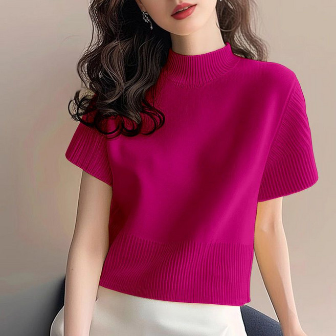 페이준 여성 봄 여름 고급스러운 반폴라 루즈핏 반팔 니트 쇼트 슬림핏 니트 YJ2859
