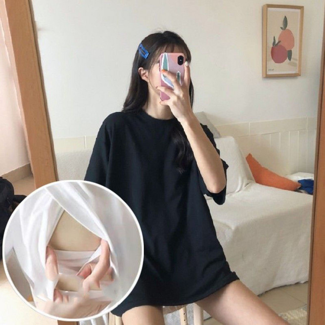 임산부용 여름 모컵 숏패드 내장 수유 반팔티 캐주얼 스타일 편안한 임산부 일상복 티셔츠