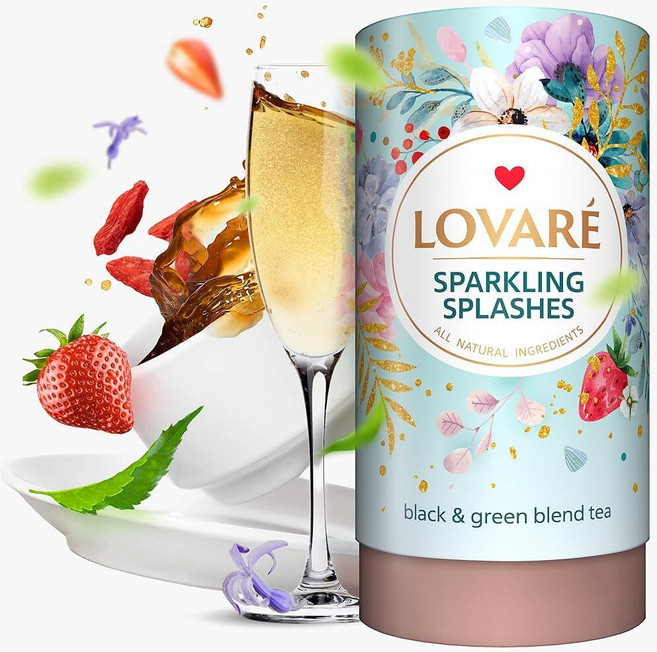 Lovare 루스 잎 모듬 차 우크라이나산 - 블랙 앤 그린 플로럴 패션 프루트 꽃이 있는 허클베리 허브 세트 - 꽃 차 애호가를 위한 선물 상자 - 80g (샴페인스 스, Khhampagne Splashes, 15