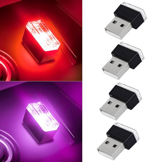 4 PCS USB LED 자동차 실내 분위기 램프 휴대용 미니 오토 장식 조명 플러그인 인터페이스 앰비언트 조명 키트 범용 액세서리 6가지 색상, Red+Purple