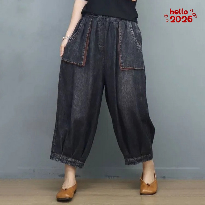 Luminax 여성 밴딩 배기청바지 빅사이즈 데님 팬츠 오버핏 바지 데일리청바지 여자 와이드 9부청바지 스판 배기팬츠