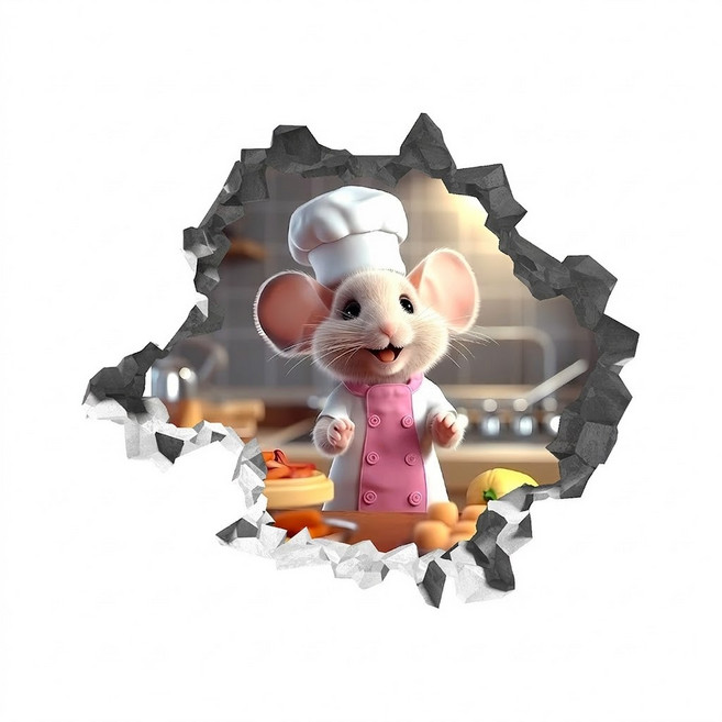 쥐구멍 착시 벽지 스티커 인테리어, 1개, 핑크요리사쥐