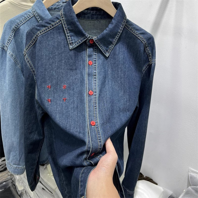 ASURE 여성 자수 데님 셔츠 빅사이즈 캐주얼 긴팔 셔츠