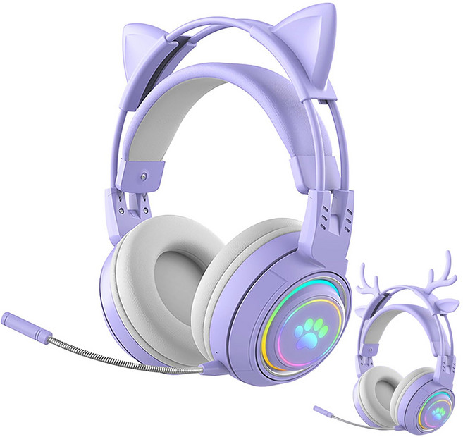 블루투스 게임용 헤드셋 귀여운 사슴귀 및 고양이귀 게임용 헤드셋 RGB 무선 게임용 헤드셋, 보라
