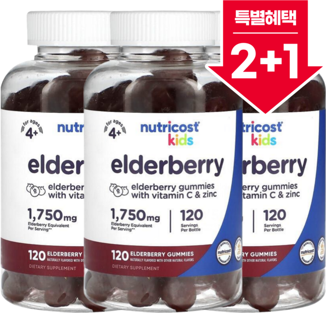 뉴트리코스트 키즈 엘더베리 1750mg 120구미, 120정, 3개