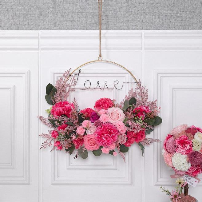 카네이션 조화 리스 핑크 메탈링A 55cm 꽃 어버이날 스승의날 벽 장식 벽걸이 감사 선물 행사, 핑크카네이션메탈링