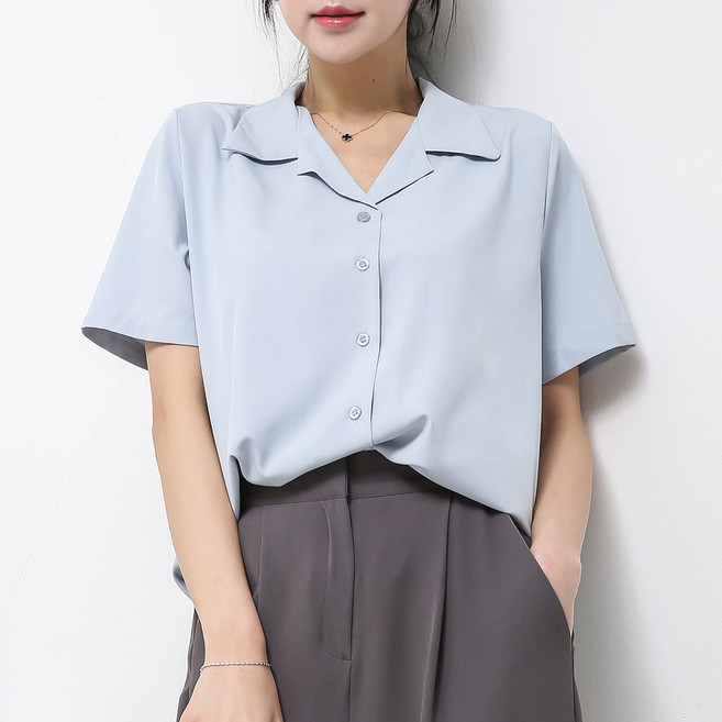 [오버나인] 여성 링클프리 오픈 반팔셔츠 블라우스