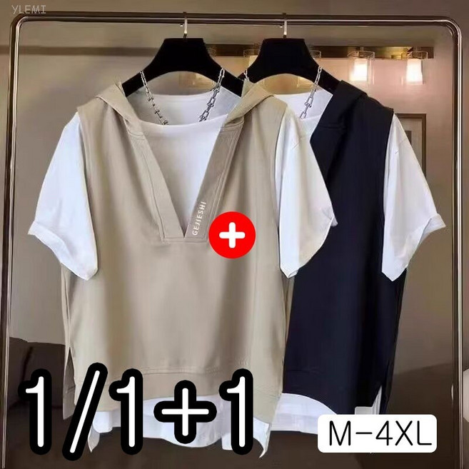 YLEMI 1/1+1 여름 캐주얼 빅 사이즈 후드 반팔 맨투맨 심플티 여성 패션 티셔츠 2장세트