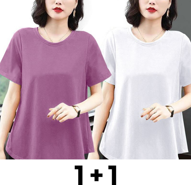 메인워크 1+1 중년 여성 빅사이즈 라운드넥 반팔 티셔츠 여름용 엄마룩 스판 솔리드 루즈핏 캐주얼 냉장고 순면 아우터 상의 2매입