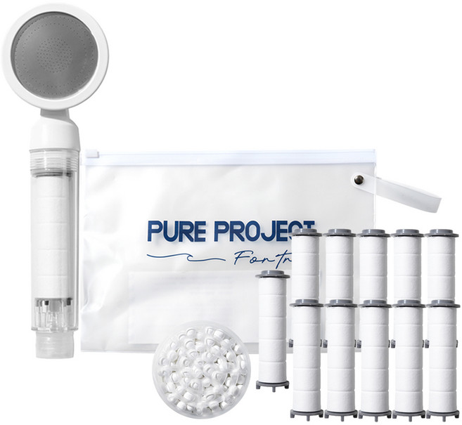 퓨어프로젝트 필수 해외여행용 샤워기헤드 + 휴대용 파우치 세트, 샤워기1개+바디필터11개+헤드필터1개+파우치1개, 1개