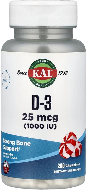 KAL 칼 D-3 페퍼민트 25mcg (1 000IU) 200 츄어블 건강 영양제, 1개, 200정 - 쿠팡