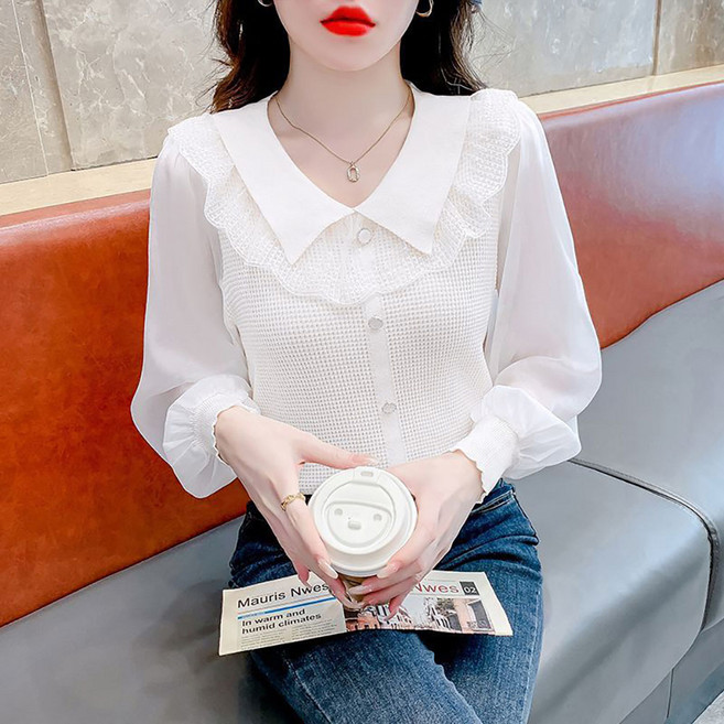 ROYALBELLE 여성 쉬폰 배색 니트 블라우스 카라넥 긴팔 퍼프소매 데일리 우아한 블라우스 I0100708