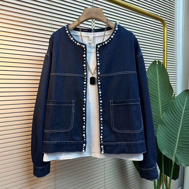 봄가을 진주단추 라운드 데님자켓 루즈핏 심플 워싱 노카라 청자켓 빅사이즈 여자 아우터 상의