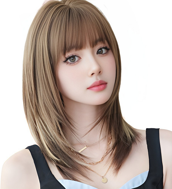 가발위드 내추럴브라운 미디엄 레이어드컷 앞머리 있는 통가발 글램 헤일로, 1개, 골드브라운