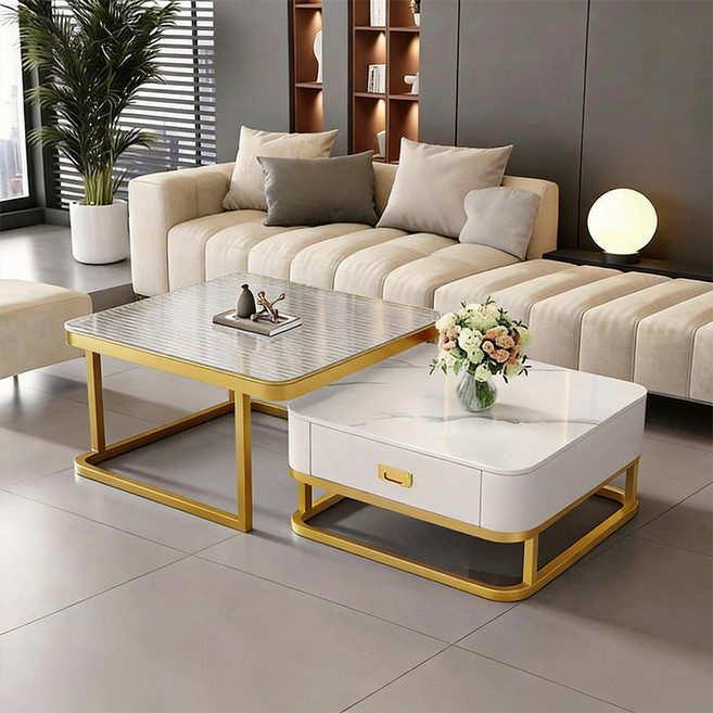 대리석 거실 테이블 레일 서랍형 소파 테이블, 투명+골드