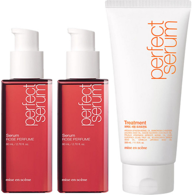 미쟝센 퍼펙트 로즈퍼퓸 세럼 리뉴얼 80ml x2개 + 퍼펙트세럼 오리지널 트리트먼트 330ml 헤어에센스, 1개, 490ml