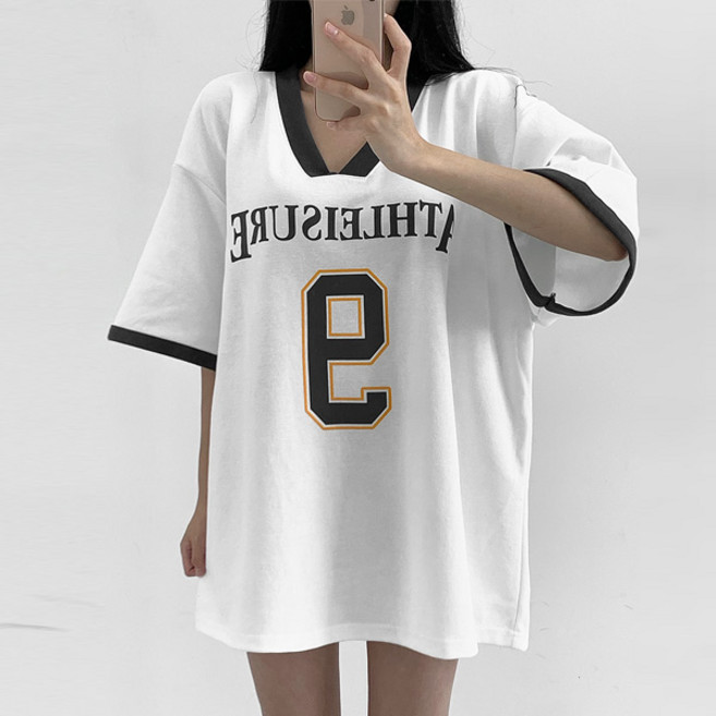 마이쏭 여성 빅사이즈 롱티 애슬나인브이넥박스반팔티