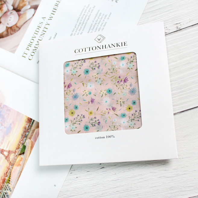 렌느 여성손수건 국산 아사 가제 면 미니 쁘띠스카프 목손수건 케이스포장 플라워 꽃무늬