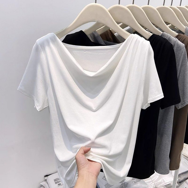 로르카 여성 보트넥 반팔 모달 드레이프 주름 오프숄더 빅사이즈 티셔츠 K0040124