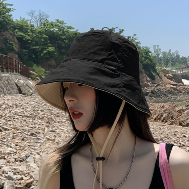 로지무드 여성 벙거지 등산 모자 끈 버킷햇