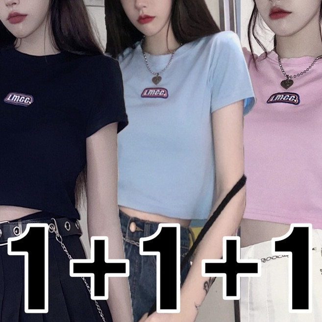 cammello 심플 와펜 반팔 크롭티 자수 크롭 반팔티 1+1+1