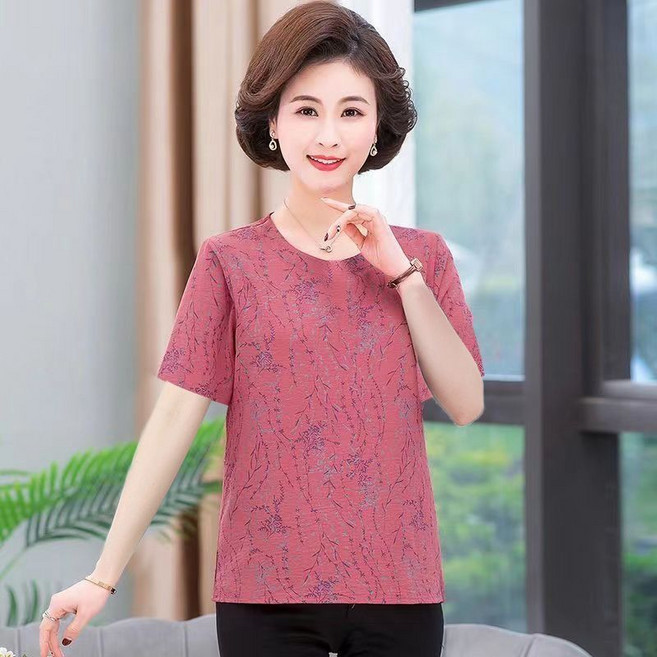 VVRR 여성 플라워 프린트 우아한 무드 매치하기 쉬운 마마룩 라운드 넥 반팔 티셔츠 Z0041022