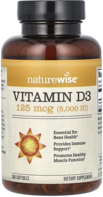NatureWise 비타민 D3 5000iu(125mcg) 건강한 근육 기능 면역 지원 글루텐 프리 360개, 1개, 360정 - 쿠팡