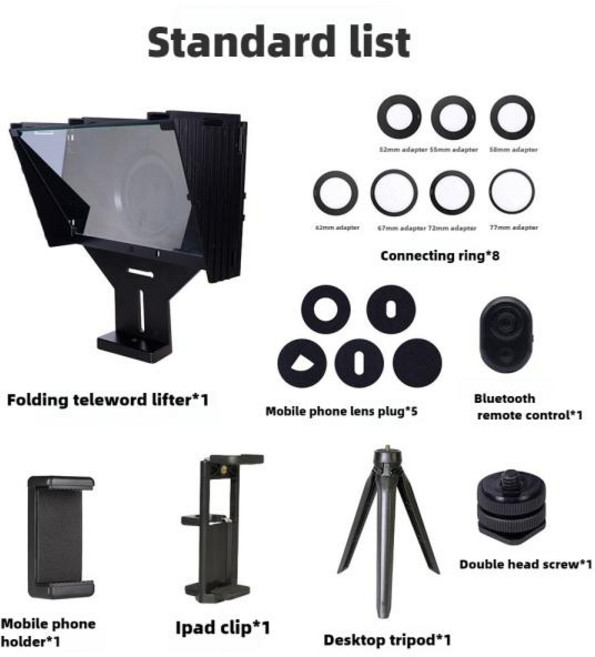 텔레 프롬프터 자막 유튜브 영상 방송 촬영 장비 접이식 범용 프롬프터 DSLR 카메라 스마트폰 태블릿 라이브 스트리밍 비디오 녹화, 1)Black