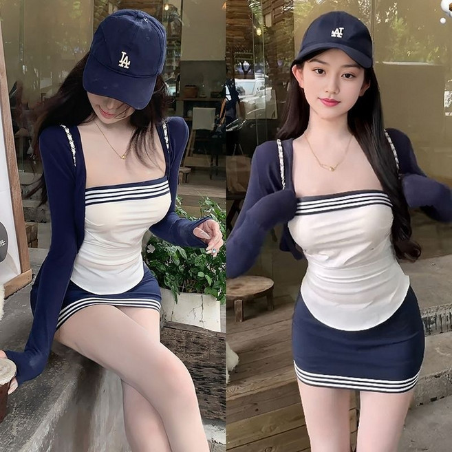 學院風三件套女裝秋冬季顯瘦性感抹胸披肩開衫包臀短裙子套裝
