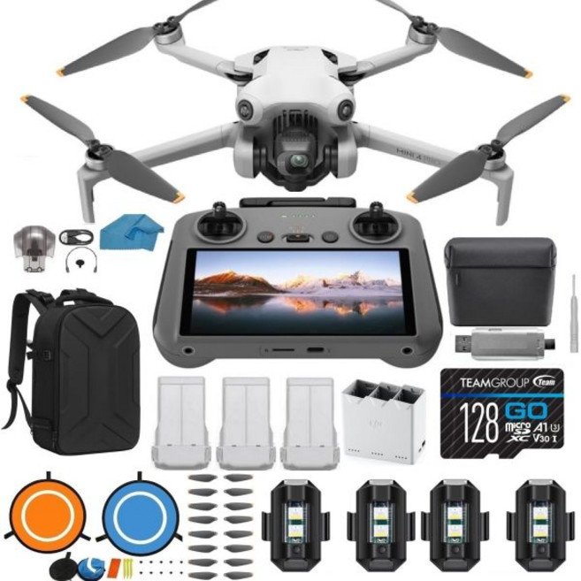 3개의 배터리가 장착된 DJI 미니 4 프로 드론 128GB SD 3.0 USB 카드 리더 랜딩 패드 방수 백팩 스트로브 라이트 등이 포함된 더 많은 콤보 RC 2 스크린 원격, 3개의 배터리가 장착된 DJI 미니 4 프로 드론 12