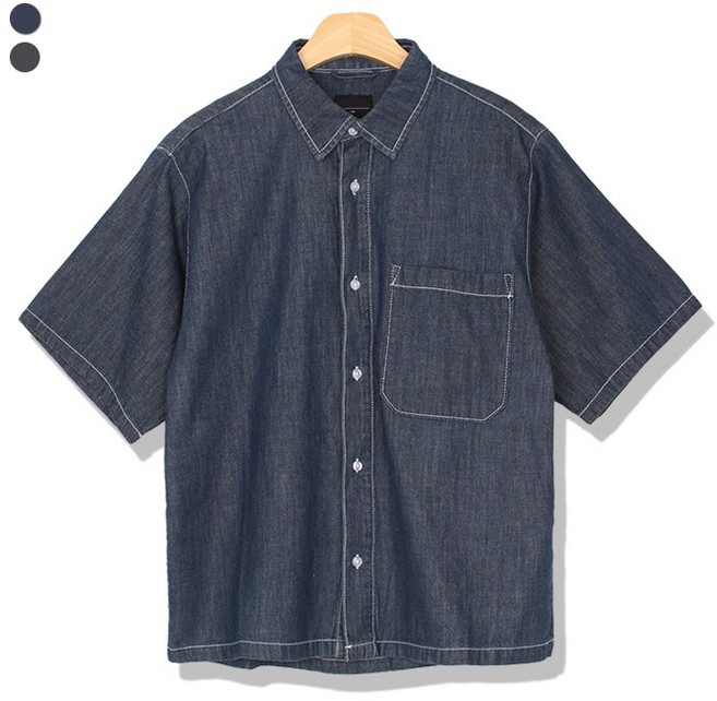 오마보이 남성용 썸머 생지 화이트 스티치 오버핏 반팔 청남방