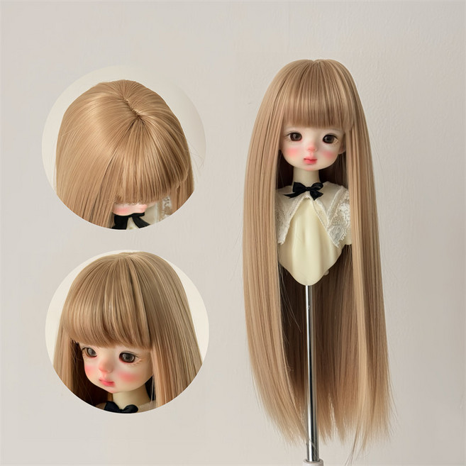 BJD 娃娃假髮 娃髮 齊劉海 可造型人偶頭髮, 1個, 金棕色齊長直髮(柔軟絲),3分（適用於頭圍21-23cm）