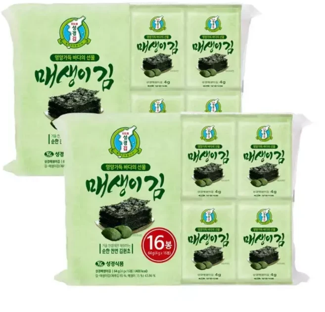 지도표 성경김 매생이김 (4g x 16봉) 2개, 지도표 성경김 매생이김 (4g x 16봉), 2개