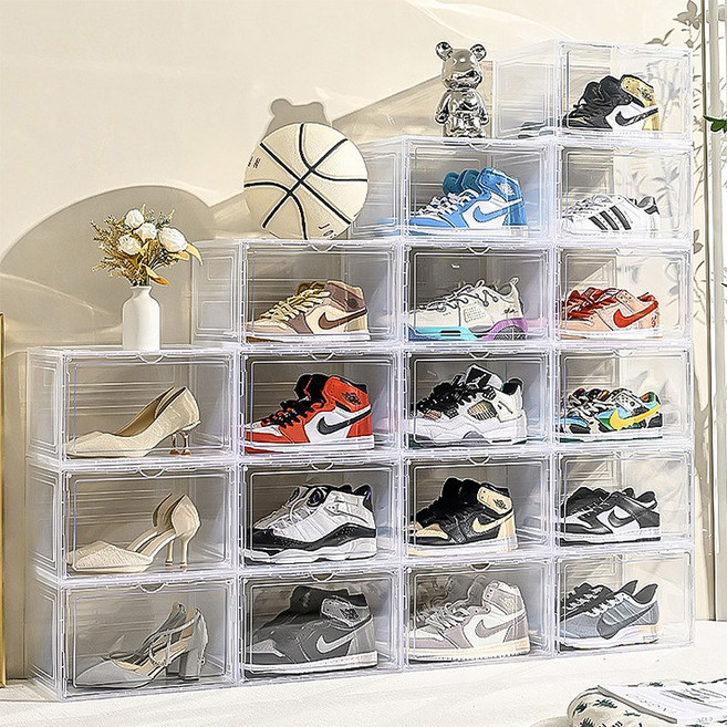 타오진 다용도 아크릴 신발정리함 진열장 보관함 두꺼워진 신발 케이스 접이식 수납 서랍형 신발장 공간 절약, 10개, 흰색 , 측면 개폐