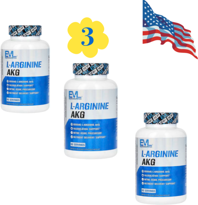 EVLution Nutrition L-아르기닌 AKG 1000mg 120캡슐 2+1 미국정품, 3개, 120정
