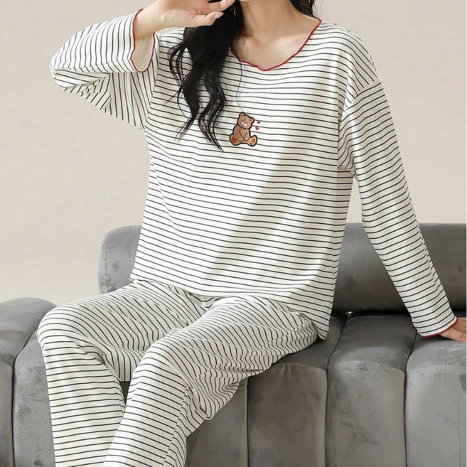 여성 캐주얼 심플 스트라이프 캐릭터 곰돌이 프린트 긴팔 긴바지 목이버섯 홈웨어 파자마 세트 2 피스