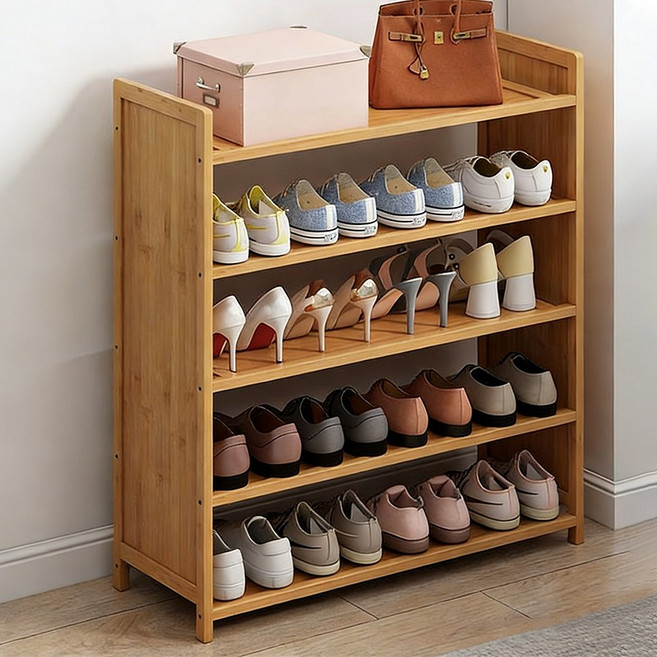 Fowod 대용량 현관 신발정리대 대나무 신발장 다용도 신발 수납장, 5단, 원목색(80cm)