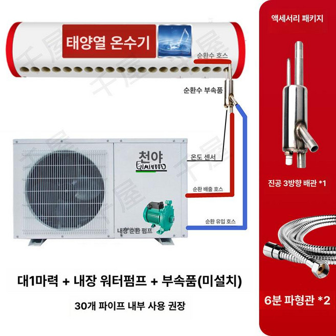 ssy 고효율 공기열 히트펌프 보일러 온수기 난방기 에너지절약 저소음 가정용 펜션 사육장, 대형 1HP 순환 업그레이드된태양열키트