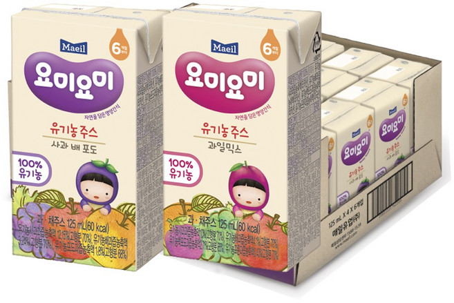 요미요미 유기농주스 125ml 2종 (총24팩), 사과배포도12 + 과일믹스12